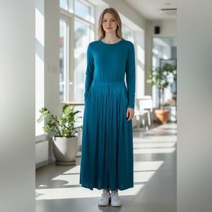 Nuichan plus Teal Maxi Dress Sleeveless pleated jersey knit beach boho‎